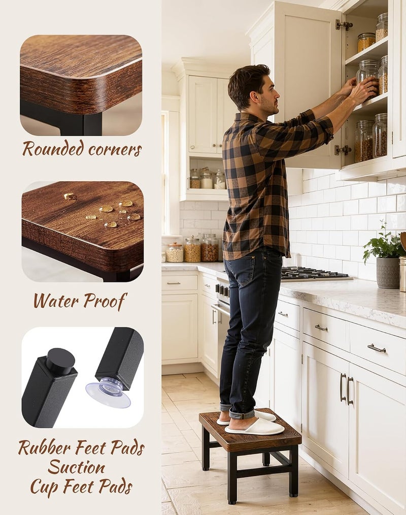 PARTPHONER Wooden Step Stool for Adults & Kids, 480-LBS Heavy Duty with Non-Slip Rubber Feet & Suction Cup Pads, Bed Stool for High Beds, Ideal for Bedroom, Living Room, Bathroom, Kitchen,Rustic Brown - Image 3