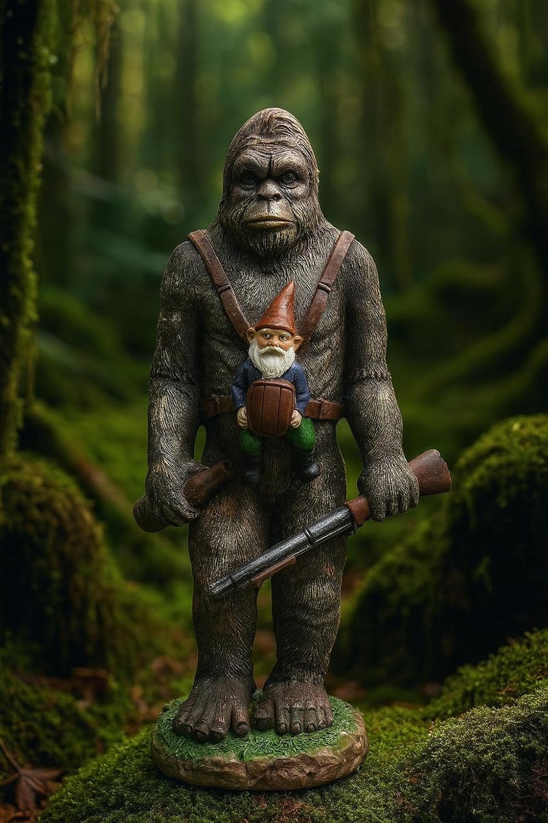 Funny Guy Mugs Garden Gnome Statue - Bigfoot and A Gnome - Indoor/Outdoor Garden Gnome Sculpture for Patio, Yard or Lawn - Image 1