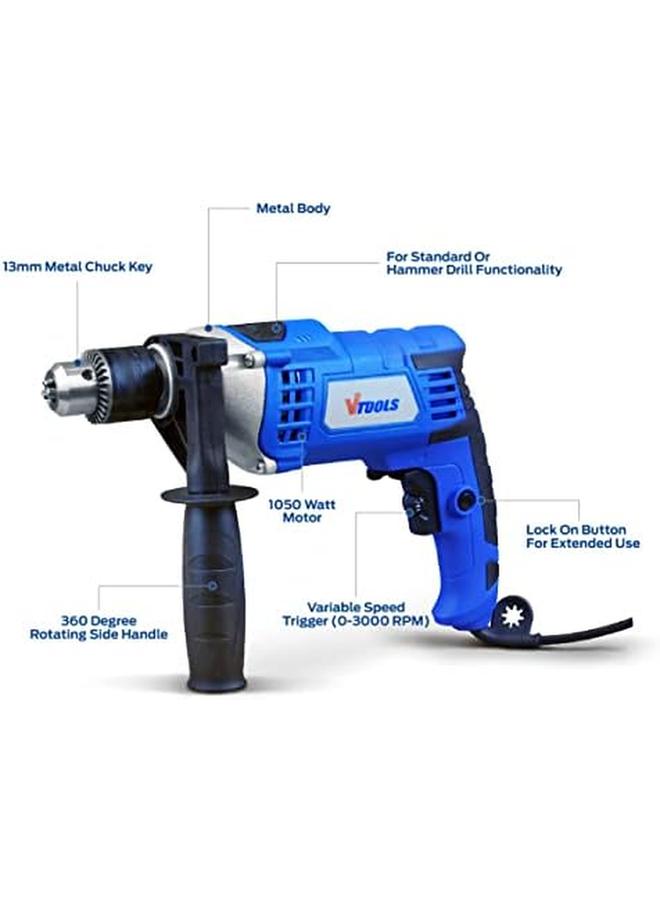 VTOOLS High Quality 1050 Watt Impact Drill With Multi Function Hammer And Drill Metal Body 360°Rotating Side Handle Guide Ruler And Variable Speed Blue Vt1207 - Image 2