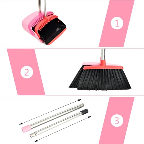 XXFLOWER Broom and Dustpan Set, Dustpans with Broom Combo for Home, Heavy Dust Broom and Dustpan Combo, Long Handle Dust Pan and Broom Set for Kitchen, Office, Pet Hair,Pink, Pack of 1 - Image 3