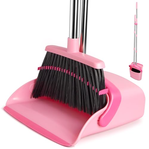 XXFLOWER Broom and Dustpan Set, Dustpans with Broom Combo for Home, Heavy Dust Broom and Dustpan Combo, Long Handle Dust Pan and Broom Set for Kitchen, Office, Pet Hair,Pink, Pack of 1 - Image 1