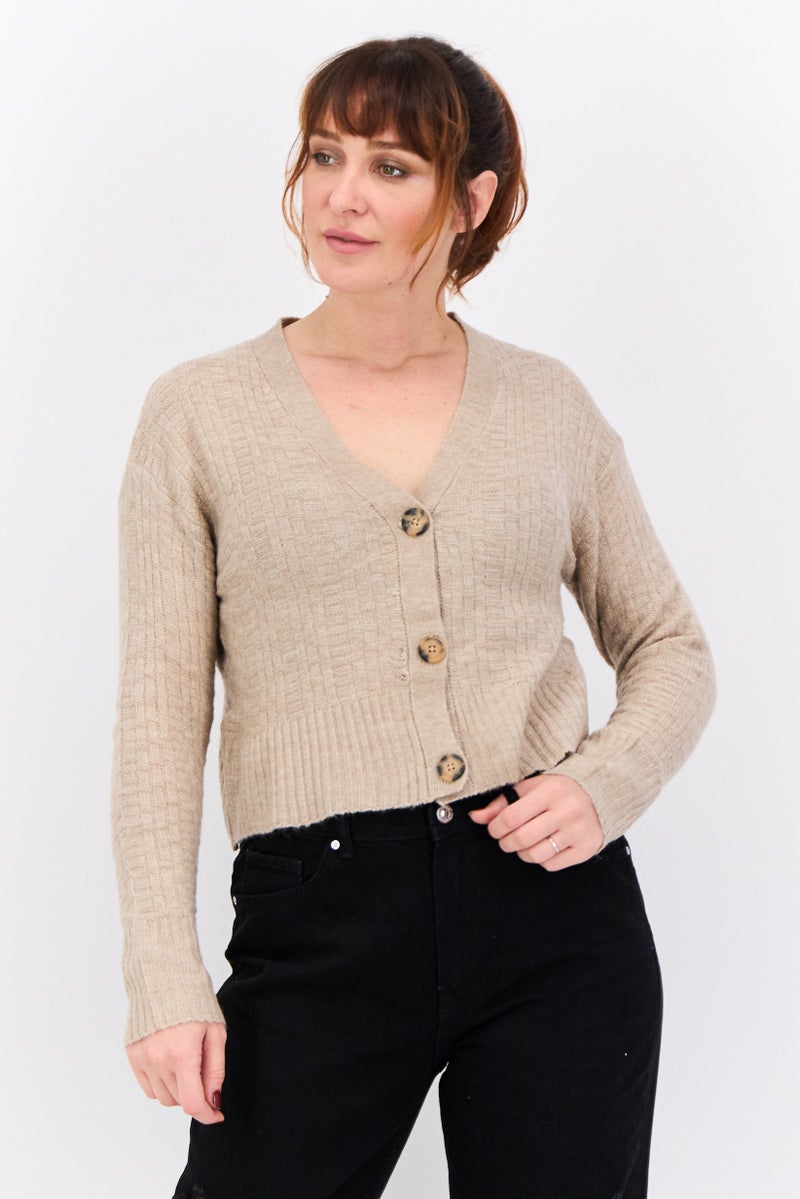 lager 157 Women V-Neck Long Sleeves Knitted Cardigans, Brown  - Image 1