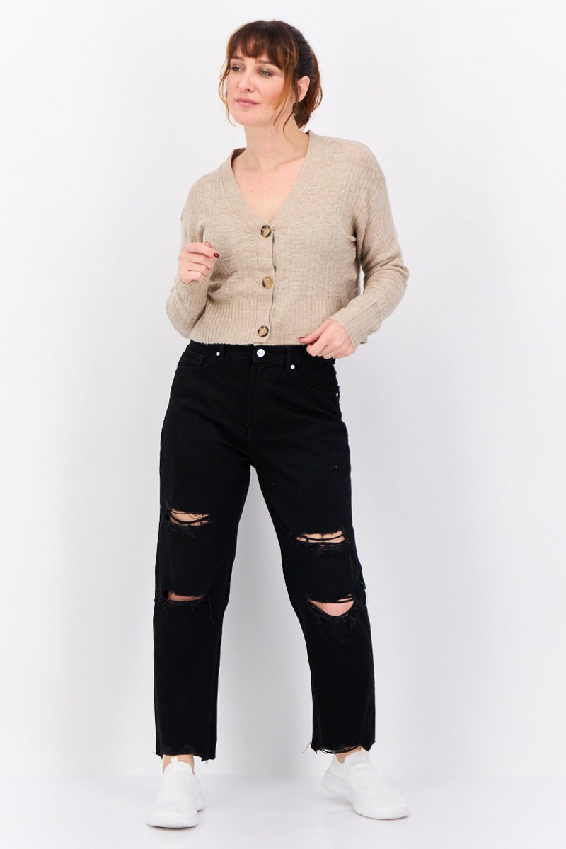 lager 157 Women V-Neck Long Sleeves Knitted Cardigans, Brown  - Image 4