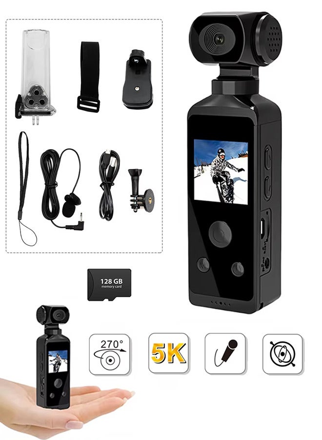 Generic 5K HD Camera, 270° Rotatable Large Wide Angle, Included 128G Card, 30m/98ft Underwater Camera with & Mic for Outdoor Riding Diving Shooting Vlog , 1000mAh Rechargeable  - Image 2
