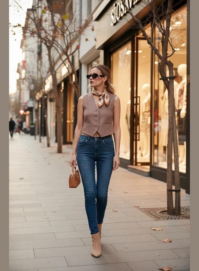 ليلا صدرية ليلى من السويد سكوبا بقصة ضيقة وياقة على شكل حرف  وأزرار للنساء