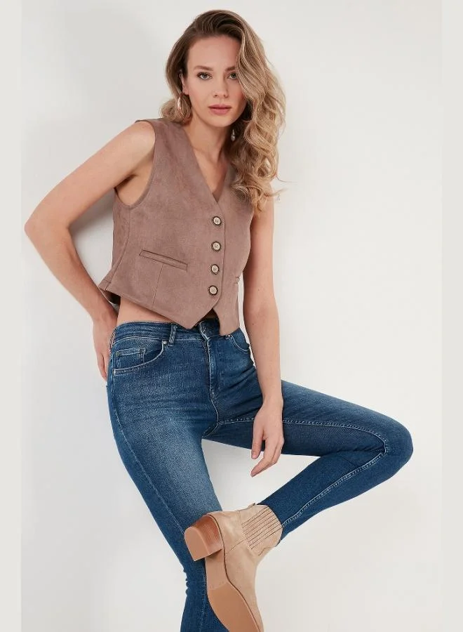 Lela  Lela Fitted Scuba Suede V-Neck Buttoned Vest Women's VEST 5865576 for Women | Best Price UAE