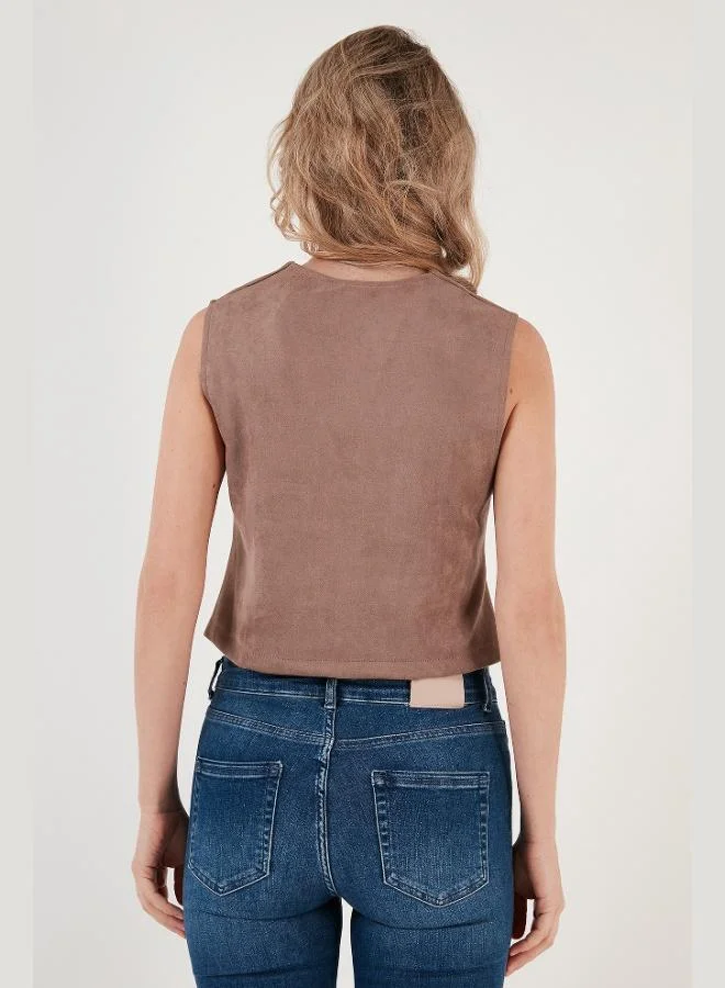 Lela  Lela Fitted Scuba Suede V-Neck Buttoned Vest Women's VEST 5865576 for Women | Best Price UAE