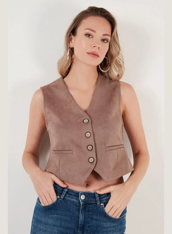 Lela  Lela Fitted Scuba Suede V-Neck Buttoned Vest Women's VEST 5865576 for Women | Best Price UAE