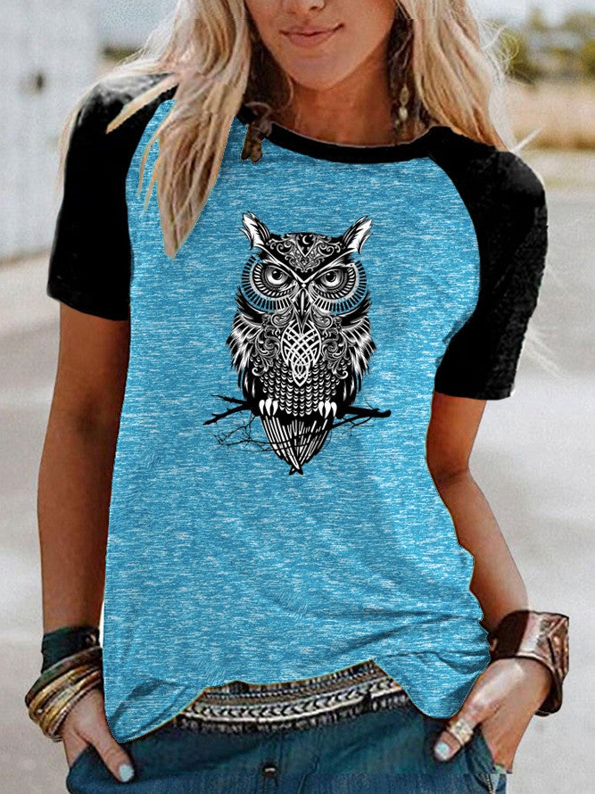 Wish Fun Owl Pattern Printed Raglan Contrast Color Short Sleeve T-Shirt - Image 5
