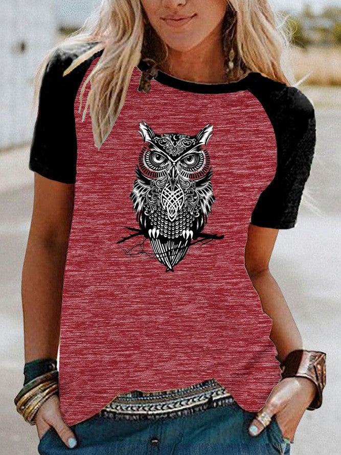 Wish Fun Owl Pattern Printed Raglan Contrast Color Short Sleeve T-Shirt - Image 1