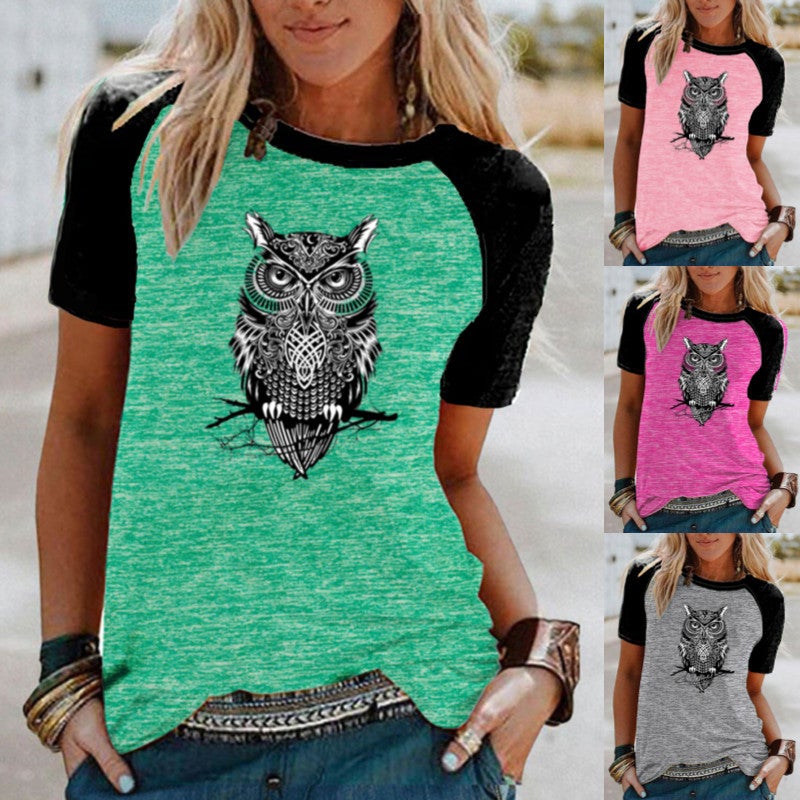 Wish Fun Owl Pattern Printed Raglan Contrast Color Short Sleeve T-Shirt - Image 2
