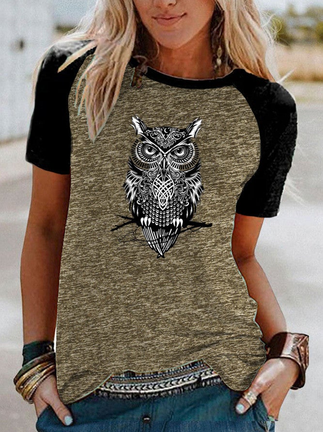Wish Fun Owl Pattern Printed Raglan Contrast Color Short Sleeve T-Shirt - Image 3