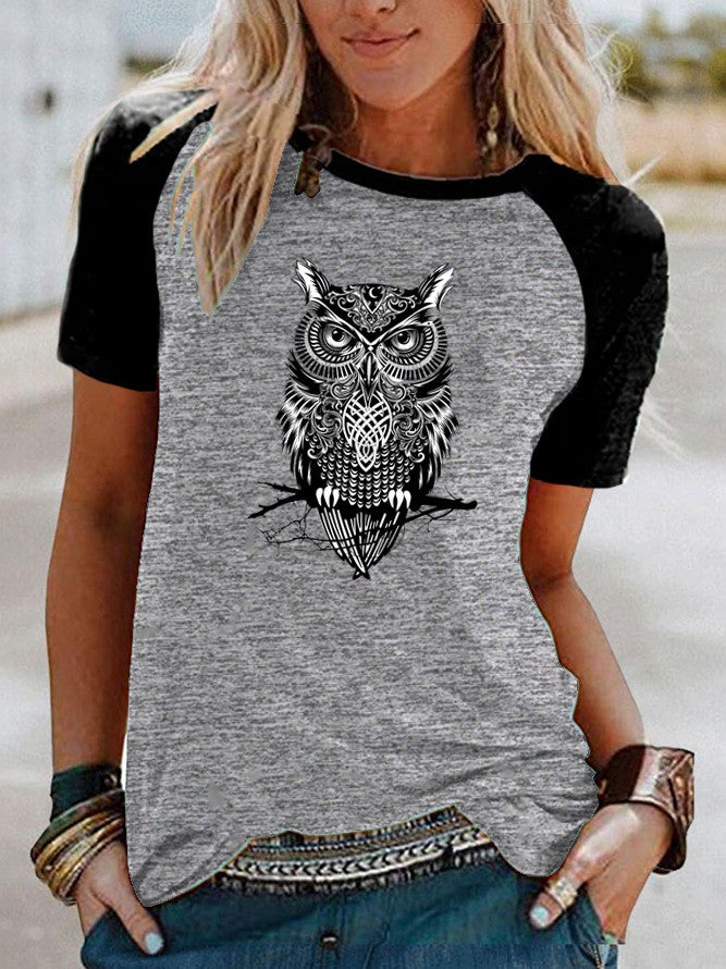 Wish Fun Owl Pattern Printed Raglan Contrast Color Short Sleeve T-Shirt - Image 4