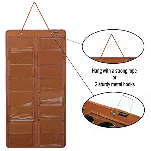 AROUY Sunglasses Organizer Storage, Hanging Dust Proof Wall Pocket Glasses Organizer - 16 Felt Slots Sunglass Organizers Holder with Metal Hook and Sturdy Rope (Brown, Dust Proof) - Image 3