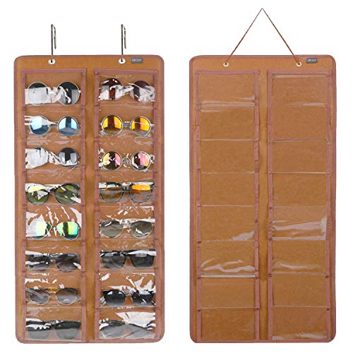 AROUY Sunglasses Organizer Storage, Hanging Dust Proof Wall Pocket Glasses Organizer - 16 Felt Slots Sunglass Organizers Holder with Metal Hook and Sturdy Rope (Brown, Dust Proof) - Image 1