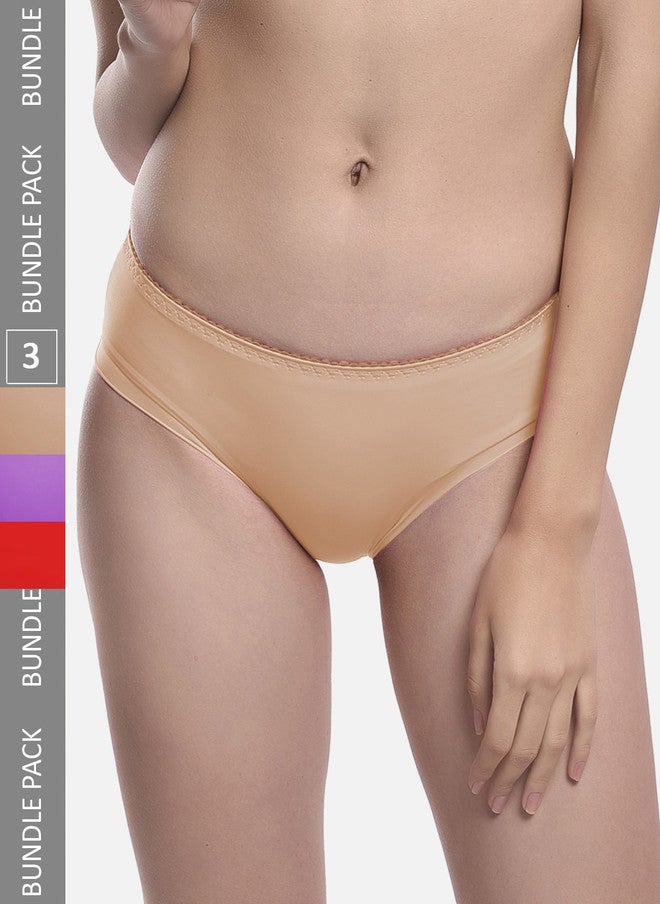FIMS Women Pack of 3 Seamless Anti Microbial Hipster Briefs - Beige, Purple, Red - Image 1