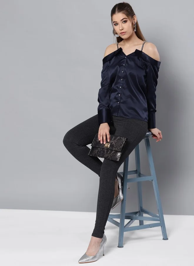 STREET 9 Navy Blue Satin Bardot Top for Women