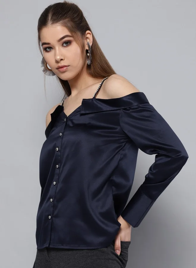 STREET 9 Navy Blue Satin Bardot Top for Women