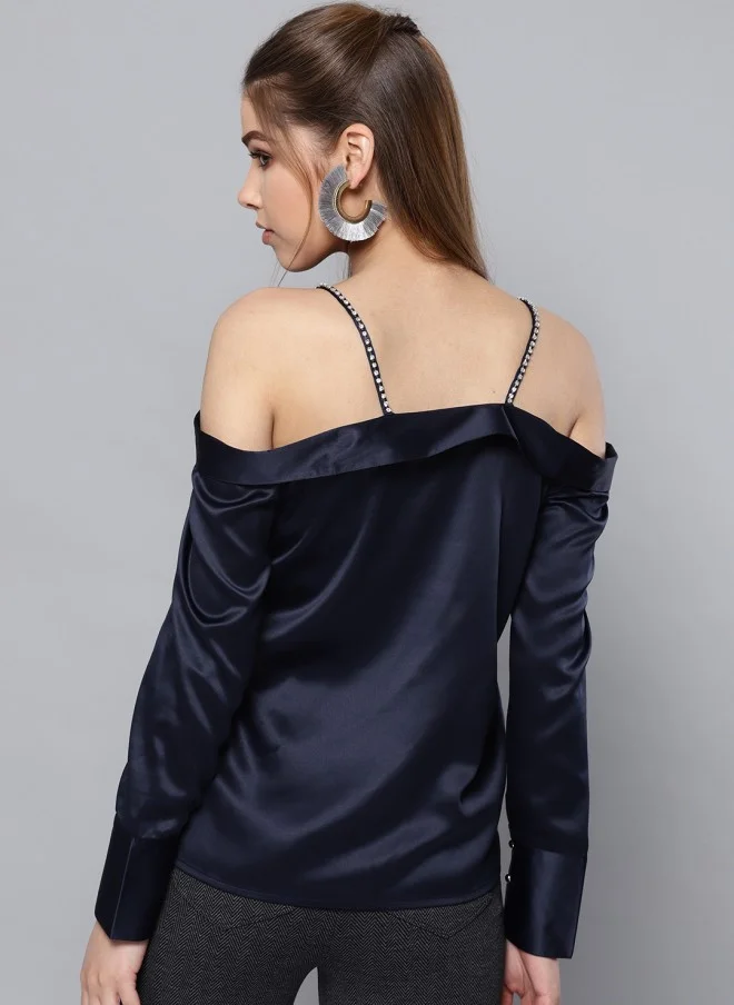 STREET 9 Navy Blue Satin Bardot Top for Women