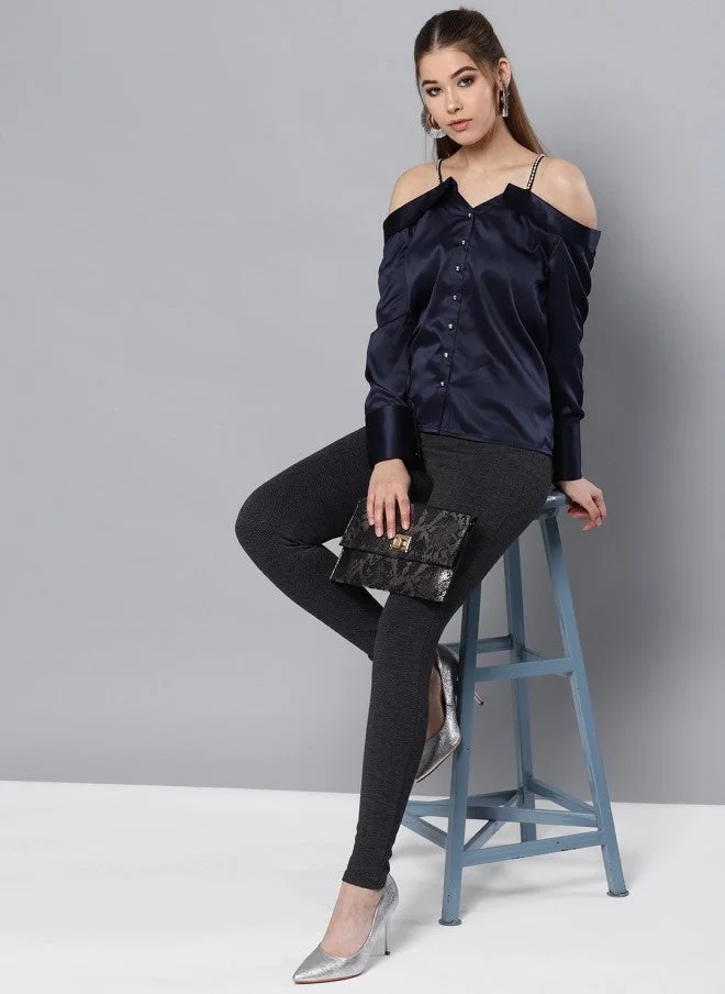 STREET 9  Navy Blue Satin Bardot Top for Women for Women | Best Price UAE