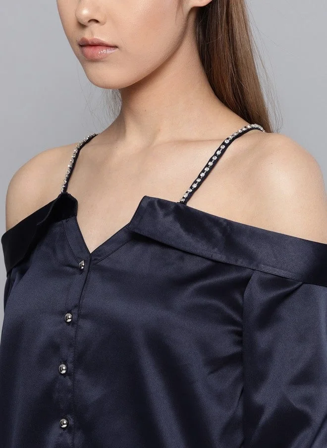 STREET 9  Navy Blue Satin Bardot Top for Women for Women | Best Price UAE