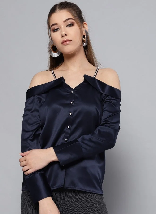 STREET 9  Navy Blue Satin Bardot Top for Women for Women | Best Price UAE