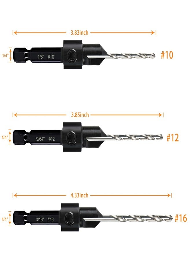 DECKRKAT 3 Pack Countersink Drill Bit Set #10#12#16, 3in1 Woodworking Counterbore Hole Saw Drill Bits, Depth Adjustable M2 Pilot Drill Bits, 82-Degree Chamfer, 1/4"Hex Shank, with 1 Allen Wrench - Image 2