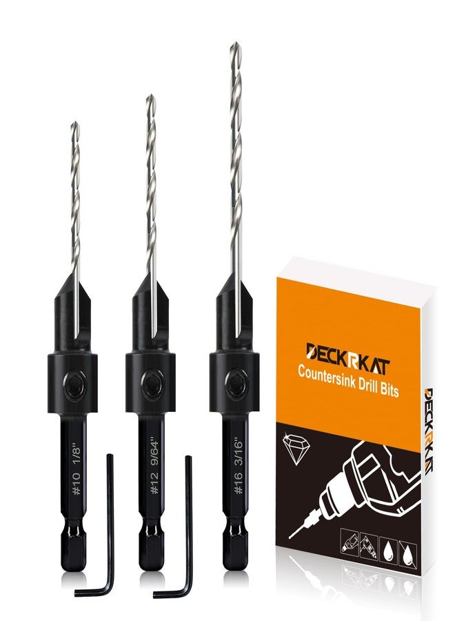 DECKRKAT 3 Pack Countersink Drill Bit Set #10#12#16, 3in1 Woodworking Counterbore Hole Saw Drill Bits, Depth Adjustable M2 Pilot Drill Bits, 82-Degree Chamfer, 1/4"Hex Shank, with 1 Allen Wrench - Image 1