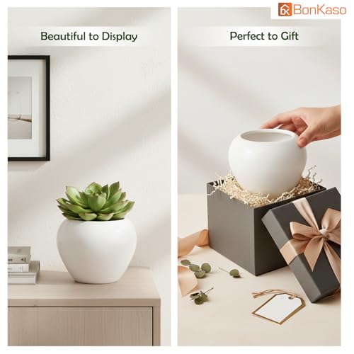 BonKaso 4 Inch White Apple Shape Flower Pot for Home Decor (Pack of 6) | Unbreakable Plastic Planter with Ceramic Look Finish for Living Room, Bedroom, Office & Balcony (11 x 11 x 9.5) - Image 4