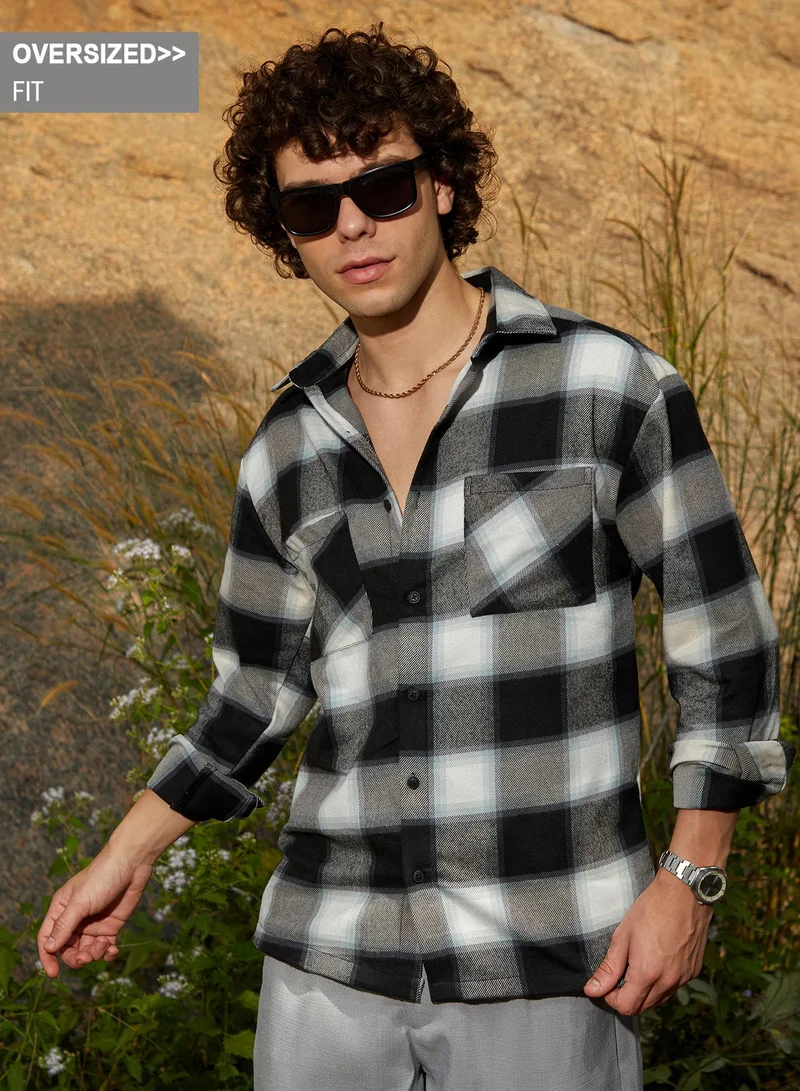 Campus Sutra Campus Sutra Men's Onyx Black Tartan Utility Shacket For Casual Wear | Spread Collar | Long Cuffed Sleeves | Button Closure | Overshirt/Shacket Crafted With Comfort Fit For Everyday Wear