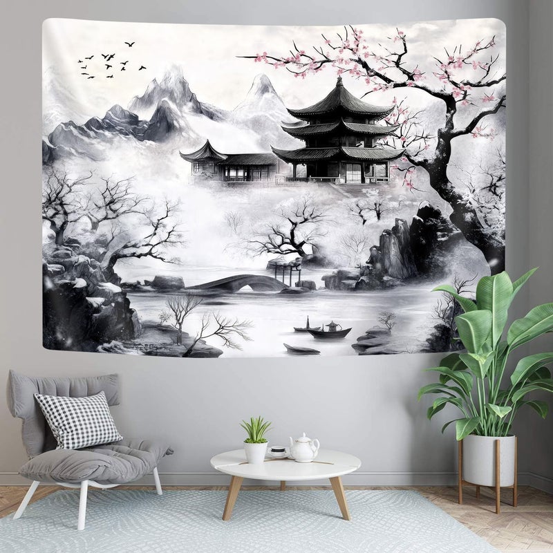 GOAOK Japanese Tapastry, Black and White Cherry Blossom Anime Wall Tapestry for Men, Asia Nature Landscape Abstract Ink Painting Tapestries for Bedroom Living Room Home Decor 80" x 60" - Image 2
