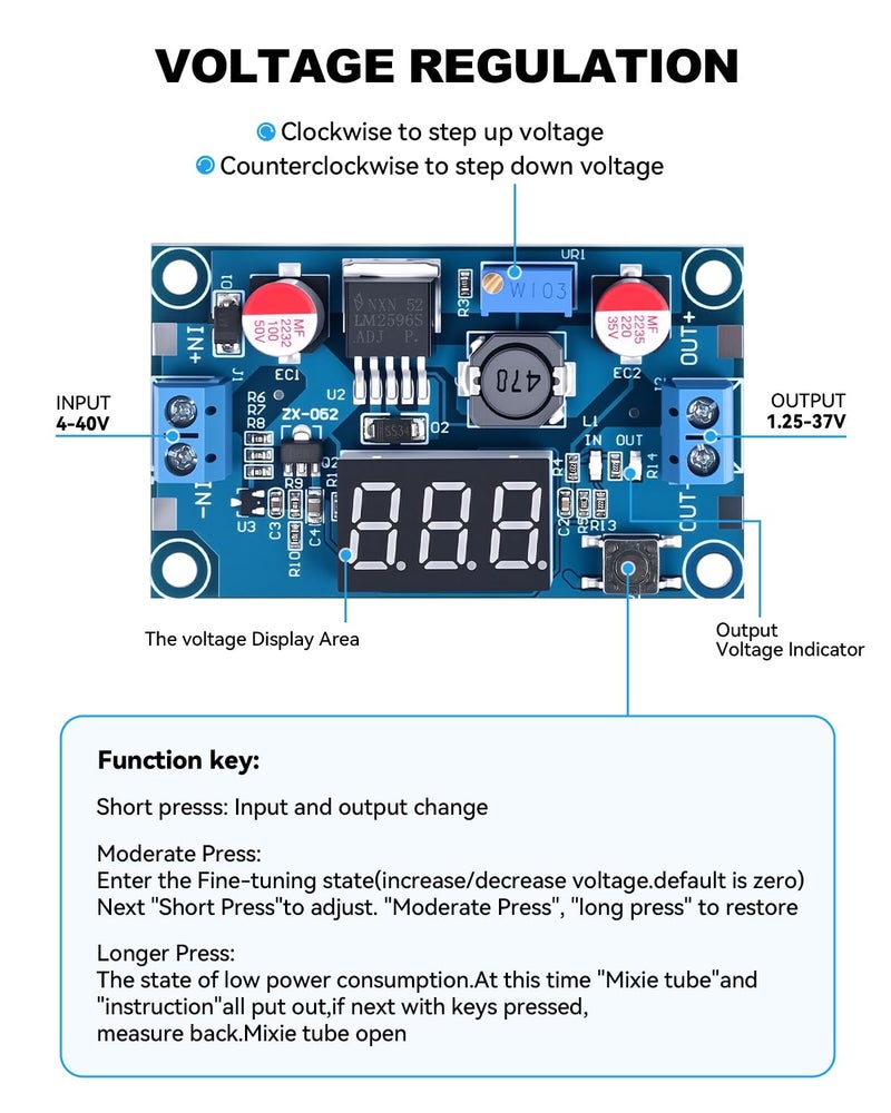SELOKY LM2596 DC-DC Buck Power Converter Module, Adjustable Voltage Regulator 4-40V to 1.25-37V Buck Converter with LED Voltmeter Displayï¼ˆPack of 2ï¼‰ - Image 5