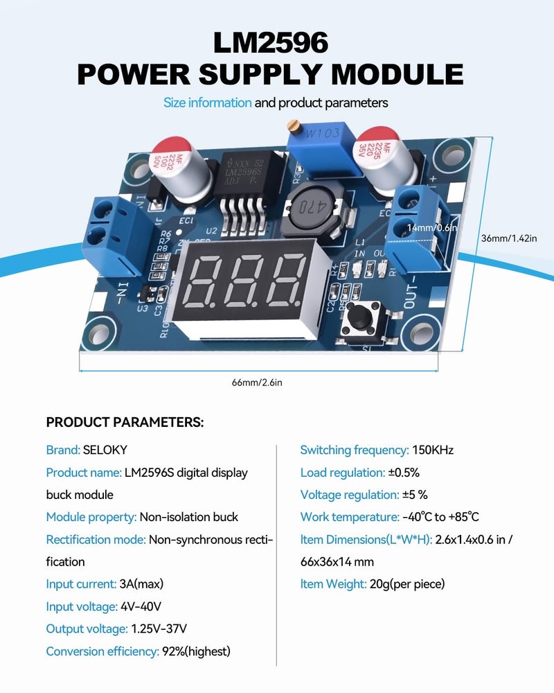 SELOKY LM2596 DC-DC Buck Power Converter Module, Adjustable Voltage Regulator 4-40V to 1.25-37V Buck Converter with LED Voltmeter Displayï¼ˆPack of 2ï¼‰ - Image 4