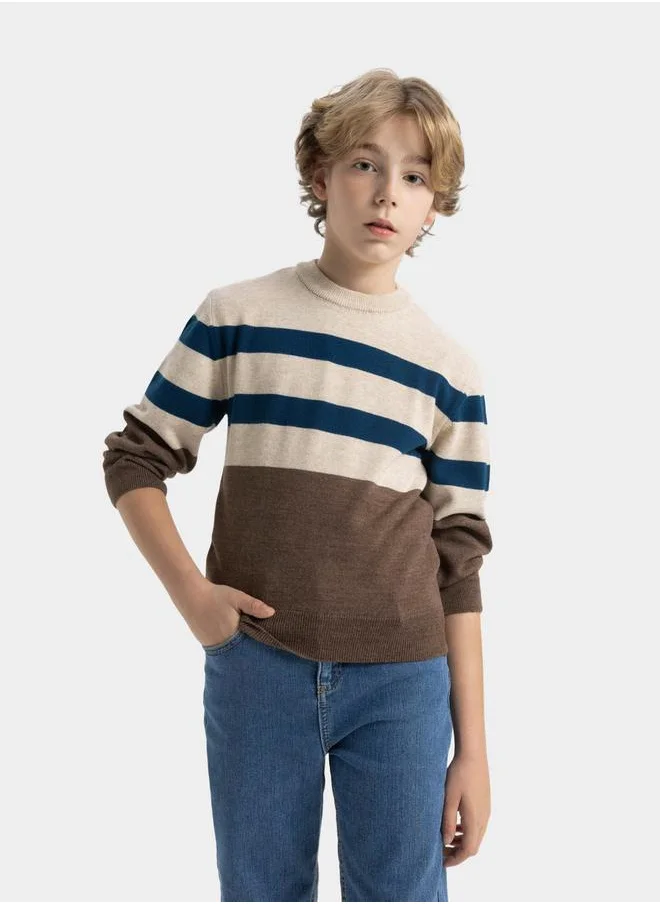 ديفاكتو Regular Fit Crew Neck Striped Knit Sweater by Styli