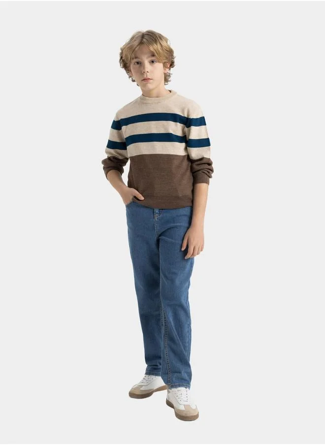 ديفاكتو Regular Fit Crew Neck Striped Knit Sweater by Styli