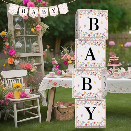 Heboland Wildflower Baby Shower Decorations 4 Pcs in Bloom Thickened Cardstock Blocks With Letters Banner Clear Stickers for Girls Party Decor - Image 1