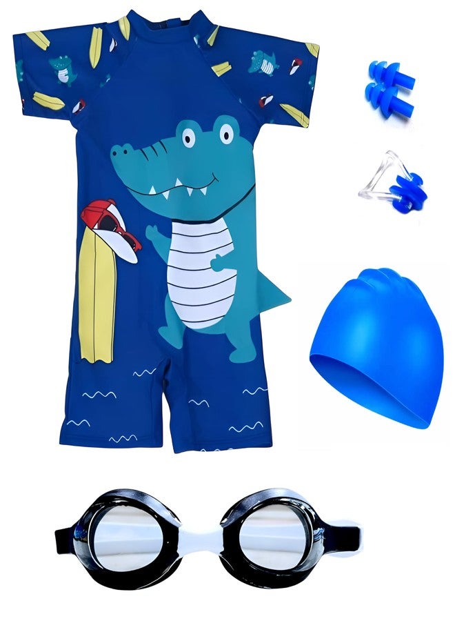 DRAUSS Kids Swimming Costume Set | One-Piece Swimsuit with Cap, Goggles & Ear Plugs | Unisex Swimwear for Boys and Girls | Ideal for Pool, Beach, Swimming Lessons & Water Fun (3-4 Y_Dino Blue) - Image 1