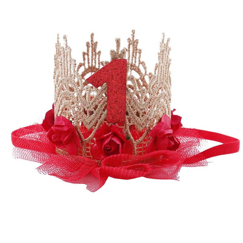 June Bloomy Baby Golden Lace Rose Flower Crown 1st Birthday Headband Princess Tiara (Red)
