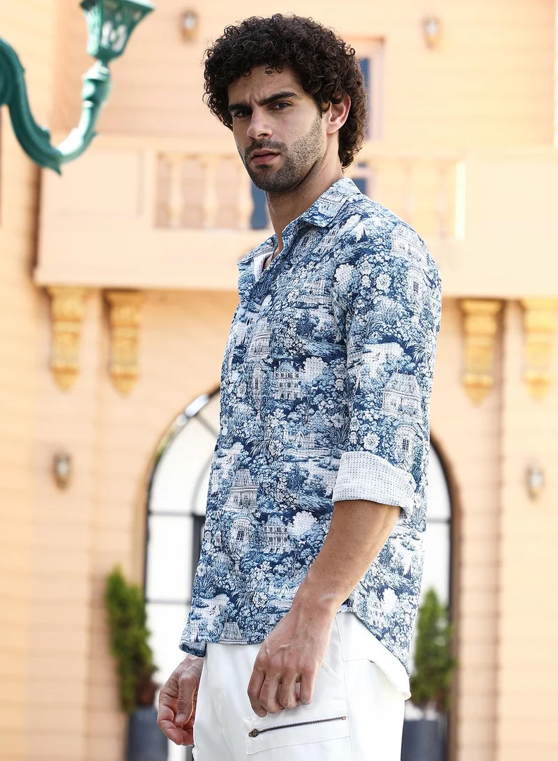 Campus Sutra Men's Indigo Blue Victorian-Landscape Tactile Shirt