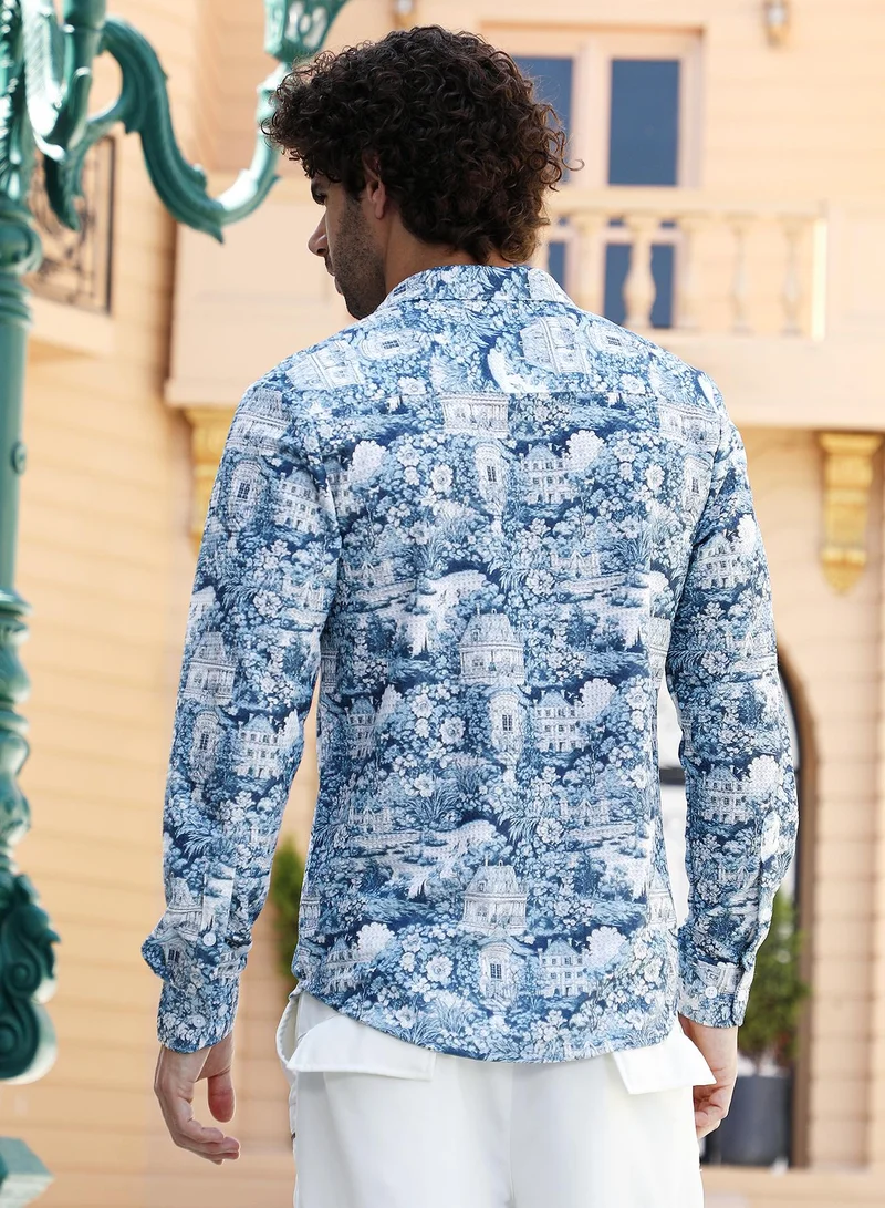 Campus Sutra Men's Indigo Blue Victorian-Landscape Tactile Shirt