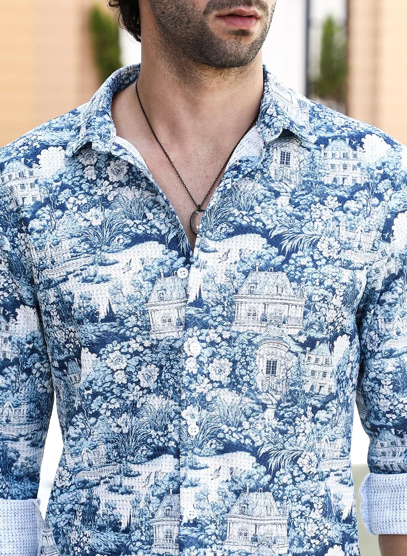 Campus Sutra Men's Indigo Blue Victorian-Landscape Tactile Shirt
