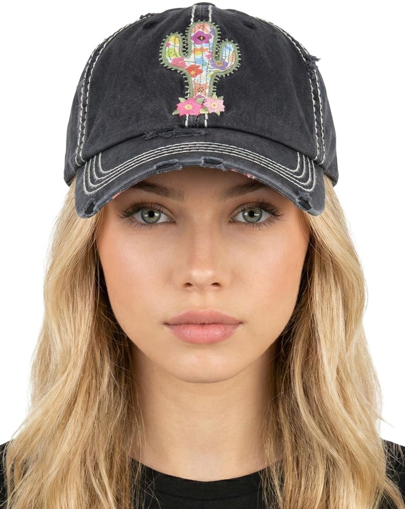 Funky Junque Women's Hat Distressed Vintage Adjustable Baseball Cap - Cactus (Black) - Image 1