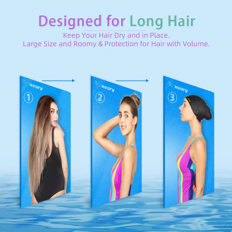 Keary 2 Pack Silicone Swim Cap For Long Hair Women Girls Waterproof Pool Swimming Cap Cover Ears To Keep Your Hair Dry  3D Ergonomic Stretchable Durable And Anti-Slip  Easy To Put On And Off - Image 2