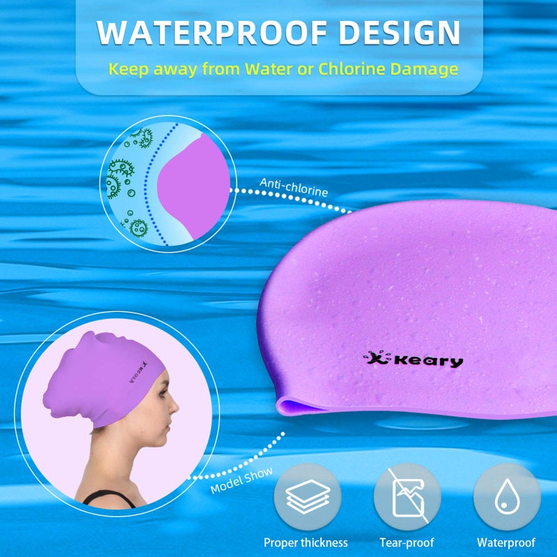 Keary 2 Pack Silicone Swim Cap For Long Hair Women Girls Waterproof Pool Swimming Cap Cover Ears To Keep Your Hair Dry  3D Ergonomic Stretchable Durable And Anti-Slip  Easy To Put On And Off - Image 5