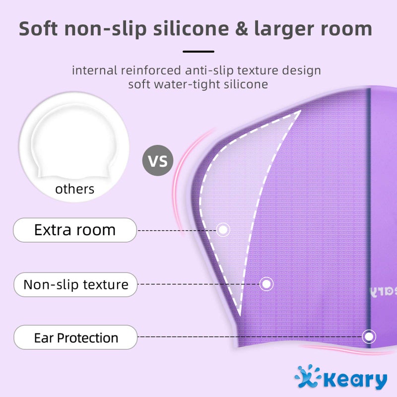 Keary 2 Pack Silicone Swim Cap For Long Hair Women Girls Waterproof Pool Swimming Cap Cover Ears To Keep Your Hair Dry  3D Ergonomic Stretchable Durable And Anti-Slip  Easy To Put On And Off - Image 4