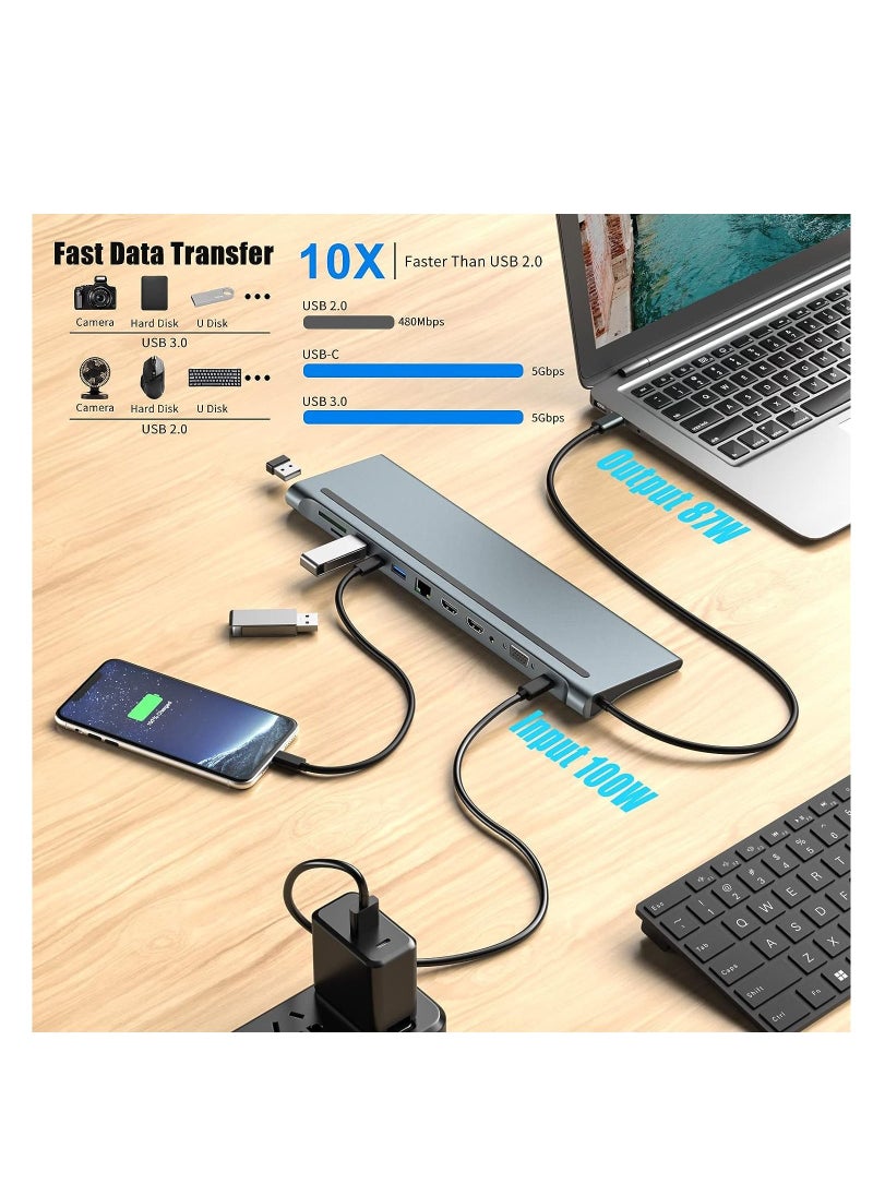 Generic - Multifunctional USB C Docking Station Dual Monitor for Dell HP Surface Laptop,14 in 1 Triple Display USB C Hub Multiple Adapter, USB C Dongle with 2 HDMI 4K VGA5 USB Port 100W PD Charger - Image 1