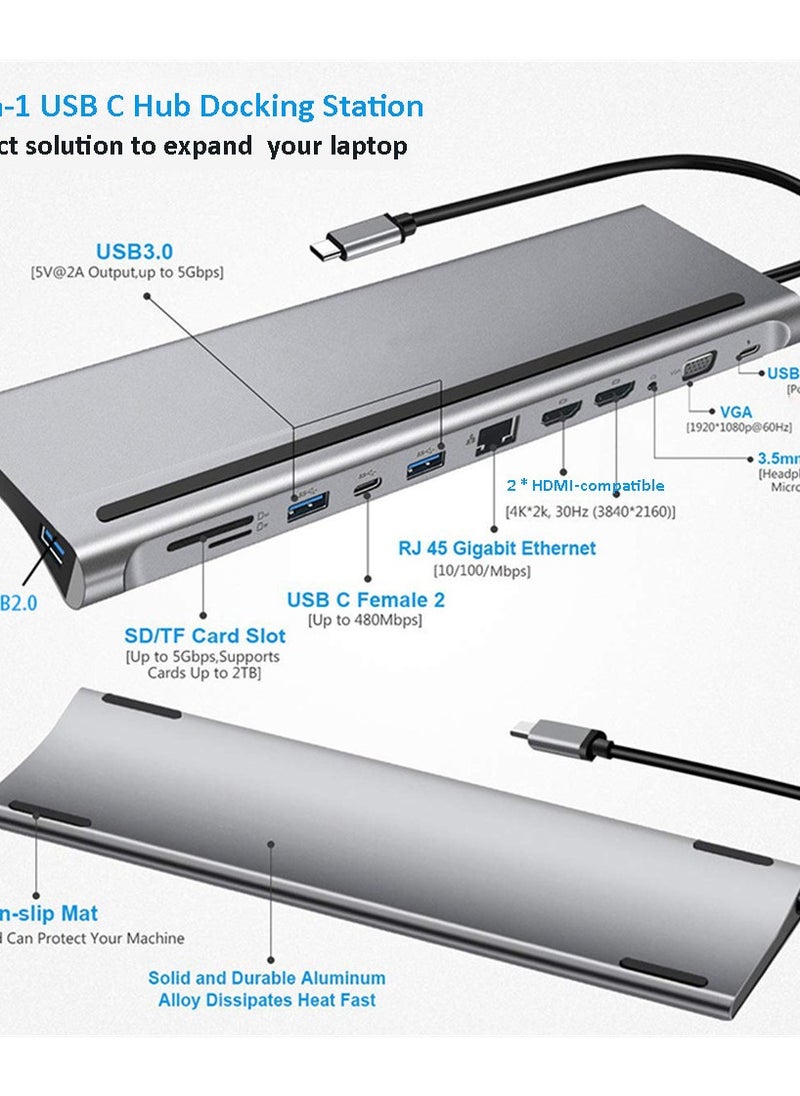 Generic - Multifunctional USB C Docking Station Dual Monitor for Dell HP Surface Laptop,14 in 1 Triple Display USB C Hub Multiple Adapter, USB C Dongle with 2 HDMI 4K VGA5 USB Port 100W PD Charger - Image 1