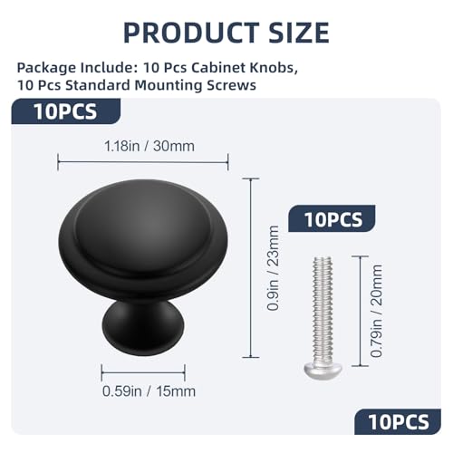 Xfopz 10 Pack Cabinet Knobs, 30mm Round Drawer Hardware for Dresser, Kitchen and Closet with Screws (Black) - Image 2