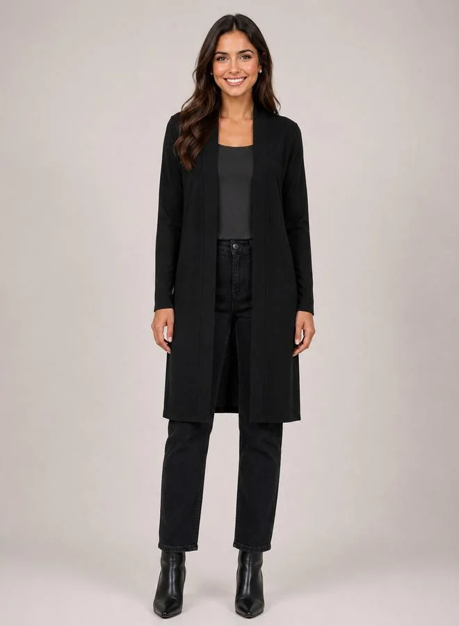 تايك تو Black Solid Ribbed Longline Open Front Shrug By Gravt
