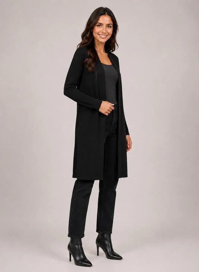 تايك تو Black Solid Ribbed Longline Open Front Shrug By Gravt